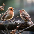 Two birds opposite each other scream and tweet Beautiful bright flying animals.