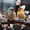 Two birds opposite each other scream and tweet Beautiful bright flying animals.