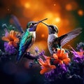 Two birds with orange flower. Hummingbirds Green Violet-ear Colibri thalassinus flying next to beautiful yellow flower Royalty Free Stock Photo