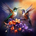 Two birds with orange flower. Hummingbirds Green Violet-ear Colibri thalassinus flying next to beautiful yellow flower
