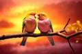 Two birds perched atop a tree branch, enjoying the view, Two lovebirds perched on a branch, with a vibrant sunset in the Royalty Free Stock Photo