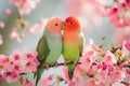 Two birds perched on a branch adorned with pink flowers in a natural setting, Lovebirds perched on a cherry blossom tree, AI Royalty Free Stock Photo