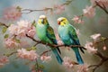 Two birds perched on a branch filled with vibrant pink flowers, Two parakeets tweeting on the branch of a blossoming tree, AI