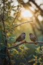 Two Sparrows Perched on a Branch in the Soft Sunlight of a Warm Sunny Day Royalty Free Stock Photo