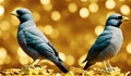 Two birds perched on top of a pile of gold coins.