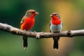 Two birds perched on a twig, orange cheeked Waxbill Ai generated