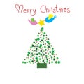 Two birds put the star on top of Chirstmas tree with word Merry Christmas