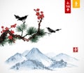 Two birds on sakura and pine tree branch and Fujyama mountain. Royalty Free Stock Photo