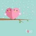 Two birds in shape of half heart sitting on the tree Love cart Flat design style