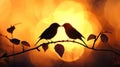 Two birds silhouetted against a sunset backdrop on a branch Royalty Free Stock Photo
