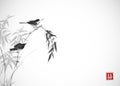 Two birds sitting on bamboo branch. Traditional oriental ink painting sumi-e, u-sin, go-hua. Hieroglyph - double luck. Royalty Free Stock Photo