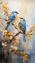 Two Birds Sitting On A Branch Of A Tree In Autumn Forest. Vertical Oil Painting, Printable Interior Art Work. Generative AI