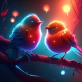 Two birds sitting on a branch of a tree in the light of garlands generative AI