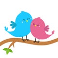 Two birds sitting on the tree branch. Bird hugging. Cute cartoon kawaii funny baby character set. Happy Valentines day. Love card Royalty Free Stock Photo