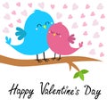 Two birds sitting on the tree branch. Bird hugging. Happy Valentines day. Pink heart set. Love card. Cute cartoon kawaii funny Royalty Free Stock Photo