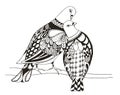 Two birds are sitting on a tree branch, zentangle stylized pigeons, vector, illustration, freehand pencil, love