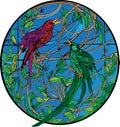 Two birds sitting on vines, round stained glass window in art nouveau style