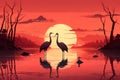 Two birds are standing on the water at sunset, AI Royalty Free Stock Photo