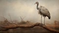 Muted Colors: A Realistic Photograph Of An Ostrich Sitting On A Branch