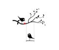 Birds couple on swing on branch holding heart, vector Royalty Free Stock Photo