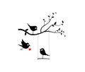 Bird on swing on branch and flying bird holding heart, vector
