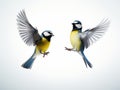 Two birds tit and blue tit flying isolated on white background in various poses and types Royalty Free Stock Photo