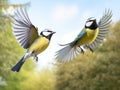 Two birds tit and blue tit flying isolated on white background in various poses and types Royalty Free Stock Photo