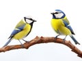 Two birds tit and blue tit flying isolated on white background in various poses and types Royalty Free Stock Photo