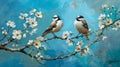 Two birds on a tree with white flowers Royalty Free Stock Photo