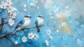 Two birds on a tree with white flowers Royalty Free Stock Photo