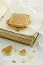 Two biscuits on vintage book pile Royalty Free Stock Photo