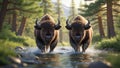 Two American Bison Crossing a Forest Stream at Sunrise Royalty Free Stock Photo