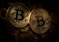 Two bitcoins on the background of old coins Royalty Free Stock Photo