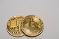 two bitcoins with front and back side view on gray