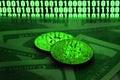 Two bitcoins lies on a pile of dollar bills on the background of a monitor depicting a binary code of bright green zeros and one u Royalty Free Stock Photo