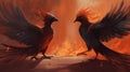 two black birds facing each other in front of a fire