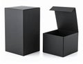 Two Black Cardboard Boxes on White Background with One Open Package Mockup Royalty Free Stock Photo
