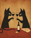 Two black cats drinking red wine. Cheese on the table. Vertical layout Royalty Free Stock Photo