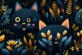 two black cats in the grass with flowers and leaves Royalty Free Stock Photo