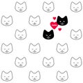 Two black cats in love. Funny Vector seamless pattern with smiling cats faces and red heart with inscription \