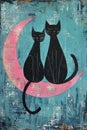 Two black cats sitting on a crescent moon against a serene blue night sky with a pink hue Royalty Free Stock Photo