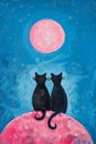 Two black cats sitting on pink crescent moon against serene blue night sky background Royalty Free Stock Photo
