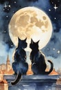 Two night cats and the moon in watercolor