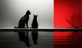 Two black cats and their reflections, on a monochrome background in shades of gray and the other half in red. AI generated