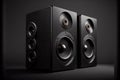 Two black colored stereo speakers on dark background with reflection.Sound audio loud speakers, Generative ai illustration