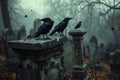 Two black crows sitting on top of a grave, An abandoned cemetery with crows perched on tombstones, AI Generated