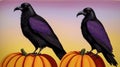 Two Black Crows Sitting On Top Of Pumpkins. Generative AI