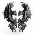 two black dragon wings with intricate designs on them, facing each other, on a white background, with a shadow of the wings and