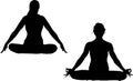 Two black forms, silhouettes of females in position yoga pose Indian East Asana doing pranayama exercises