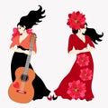 Two black-haired Spanish women wearing long dresses - a flamenco dancer and a guitarist - are posing against a light background